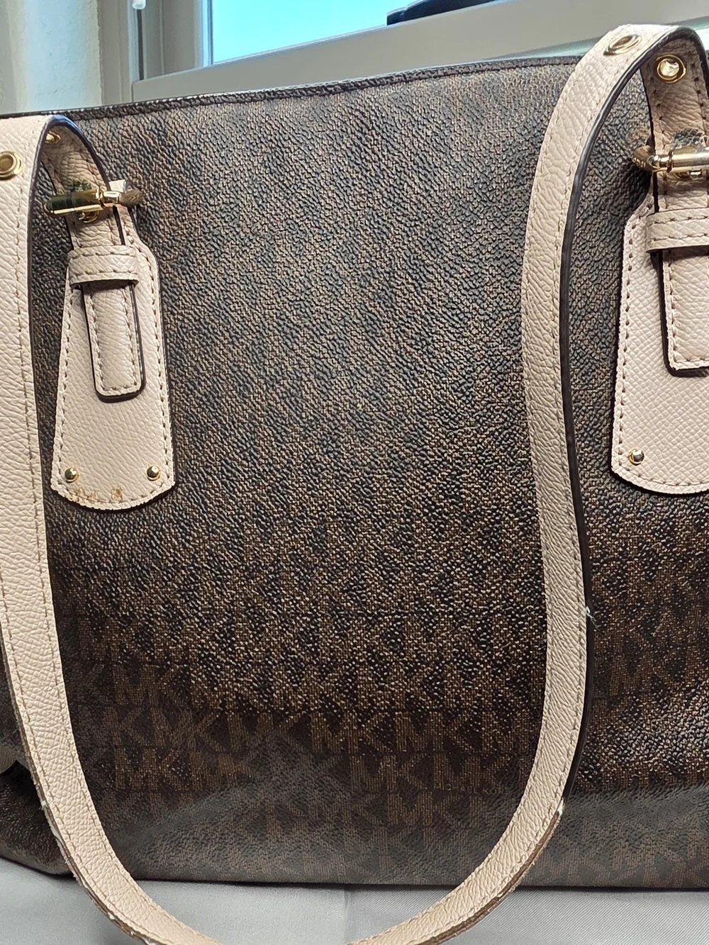 Michael Kors Brown Signature Logo Tote with Blush Leather Trim & Buckle Straps - Picture 6 of 11